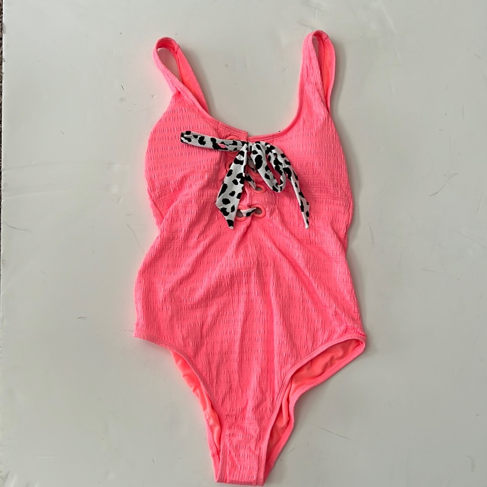 No Boundaries Coral Laced Front One Piece Swimsuit
